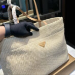 CROCHET TOTE BAG 38 IN BEIGE WOVEN RAFFIA BROWN CALFSKIN STRAP - 图片 8