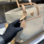 CROCHET TOTE BAG 38 IN BEIGE WOVEN RAFFIA CALFSKIN STRAP - 图片 2