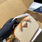 CROCHET SHOULDER BAG 18 IN BEIGE WOVEN RAFFIA CALFSKIN STRAP - 图片 2