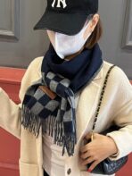 DAMIER SCARF 180 CM IN MIDNIGHT BLUE MIX GRAY CASHMERE 388316 - 图片 6