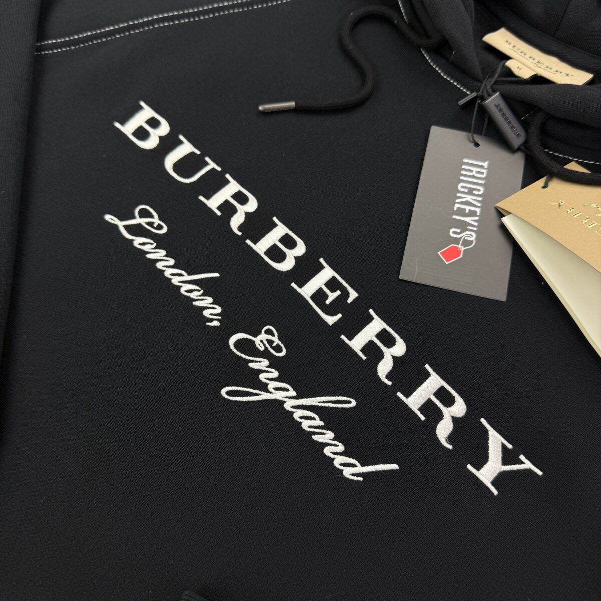 Burberry Men’s Black Pullover Hoodie London England Embroidered Logo - Medium - 图片 2