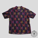 Gucci Jumbo GG Silk Button Up Shirt in Navy Blue/Multicolor